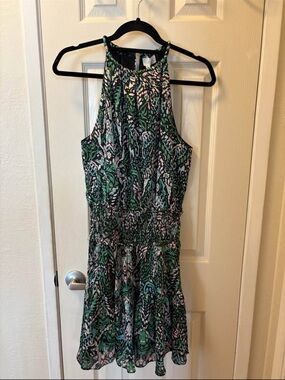 Pinch Green and Black Printed Halter Mini Dress